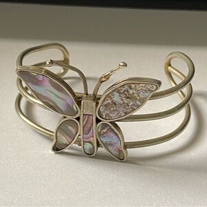 Vintage Alpaca Butterfly Cuff Bracelet with Abalone Shell Inlay Accents.
